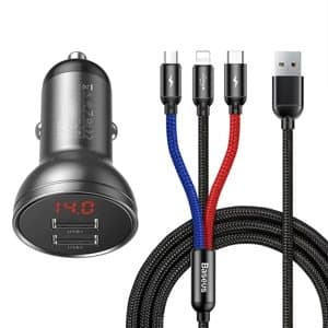 Ładowarka samochodowa Baseus med wyświetlaczem 24W + kabel USB 3w1 Baseus Tre primære farver 1,2m