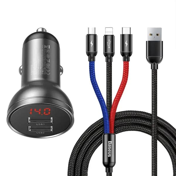 Ładowarka samochodowa Baseus med wyświetlaczem 24W + kabel USB 3w1 Baseus Tre primære farver 1,2m