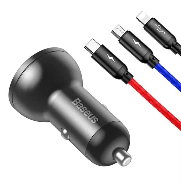 Ładowarka samochodowa Baseus med wyświetlaczem 24W + kabel USB 3w1 Baseus Tre primære farver 1,2m