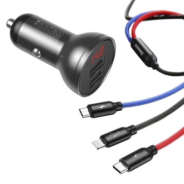 Ładowarka samochodowa Baseus med wyświetlaczem 24W + kabel USB 3w1 Baseus Tre primære farver 1,2m