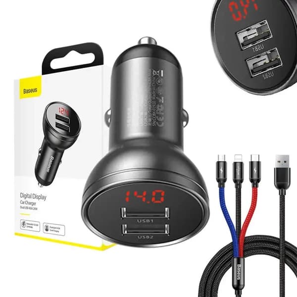 Ładowarka samochodowa Baseus med wyświetlaczem 24W + kabel USB 3w1 Baseus Tre primære farver 1,2m