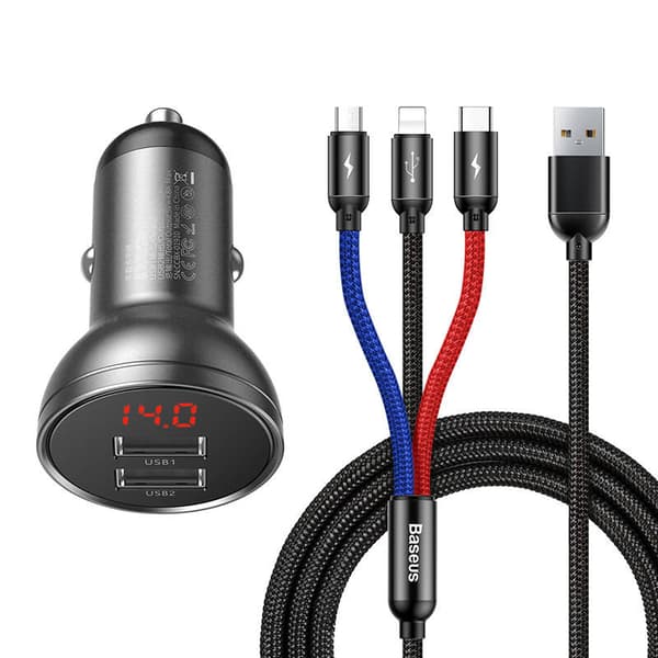 Ładowarka samochodowa Baseus med wyświetlaczem 24W + kabel USB 3w1 Baseus Tre primære farver 1,2m