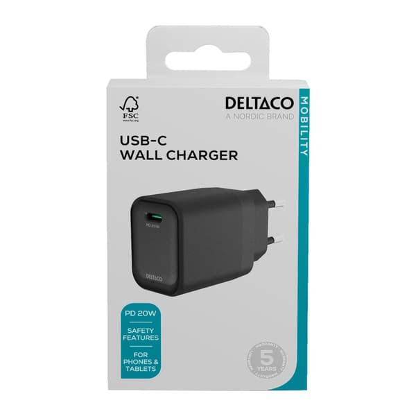 USB-C wall charger, 1x USB-C PD, 20 W, black