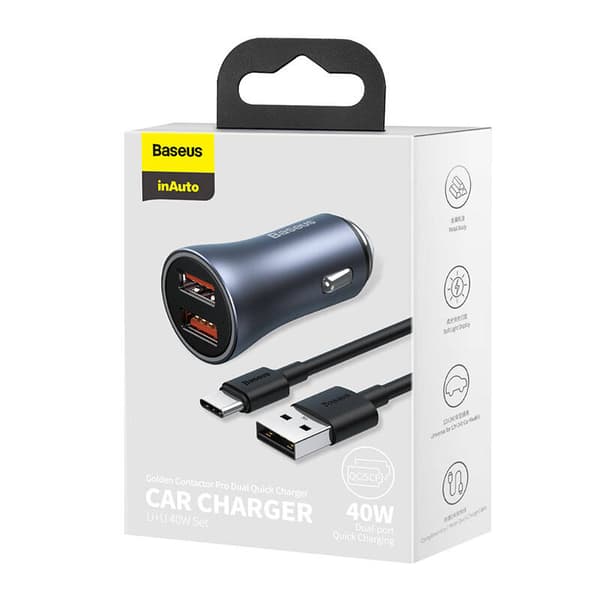 Ładowarka samochodowa Baseus Golden Contactor Pro, 2x USB, 40W (szara) + USB-kabel til USB-C 1m (Charny)