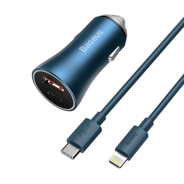 Baseus Golden Contactor Pro billader, USB + USB-C, QC4.0+, PD, SCP, 40W (blå) + USB-C - Lightning-kabel 1m (blå)