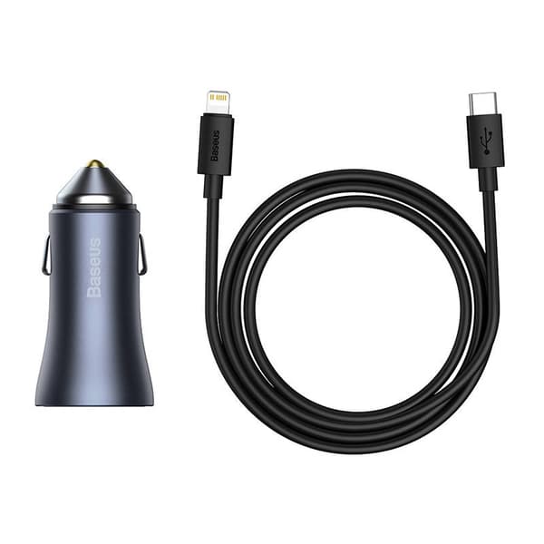 Ładowarka samochodowa Baseus Golden Contactor Pro, USB + USB-C, QC4.0+, PD, SCP, 40W (szara) + kabel USB-C til iP 1m (Charny)