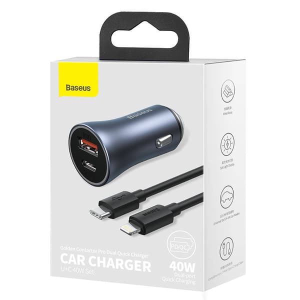Ładowarka samochodowa Baseus Golden Contactor Pro, USB + USB-C, QC4.0+, PD, SCP, 40W (szara) + kabel USB-C til iP 1m (Charny)
