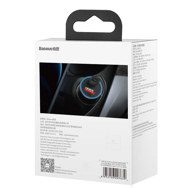 Ładowarka samochodowa Baseus Golden Contactor Pro, USB + USB-C, QC4.0+, PD, SCP, 40W (szara) + kabel USB-C til iP 1m (Charny)