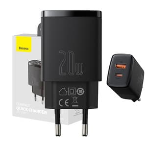 Baseus kompakt hurtiglader, USB, USB-C, 20W (svart) Sort