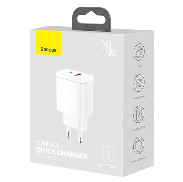 Baseus kompakt hurtigoplader, USB, USB-C, 20W (hvid)