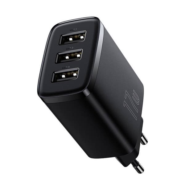 Baseus kompakt hurtigoplader, 3x USB, 17W (sort)