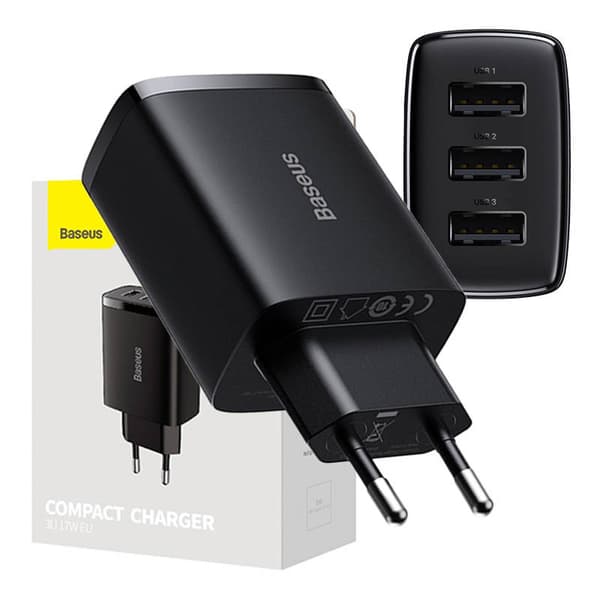 Baseus kompakt hurtigoplader, 3x USB, 17W (sort)