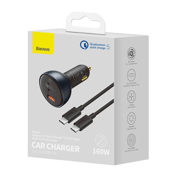 Biloplader Baseus Qualcomm, USB, 2x USB-C, 160W (grå)