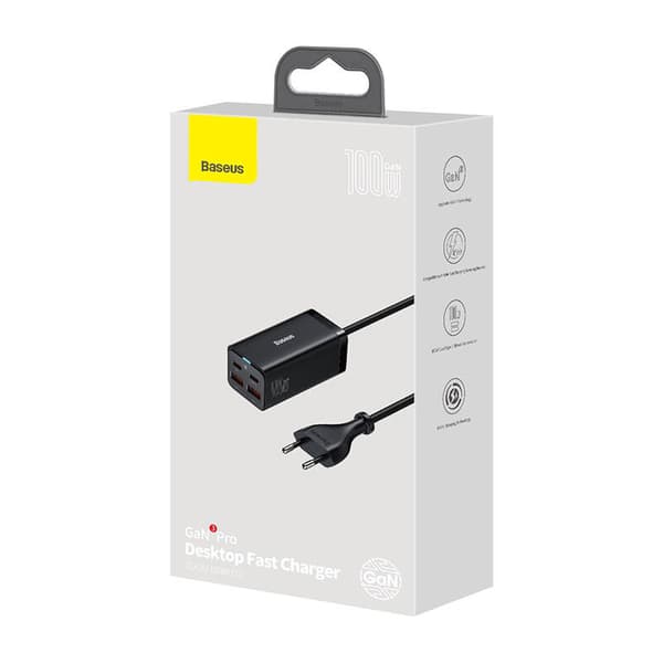Baseus GaN3 Pro vægoplader 2xUSB-C + 2xUSB, 100W (sort)