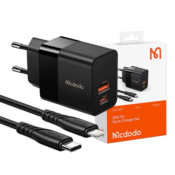 Vægoplader Mcdodo CH-1952 USB + USB-C, 20W + USB-C til Lightning-kabel (sort)