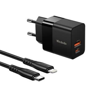 Vægoplader Mcdodo CH-1952 USB + USB-C, 20W + USB-C til Lightning-kabel (sort)