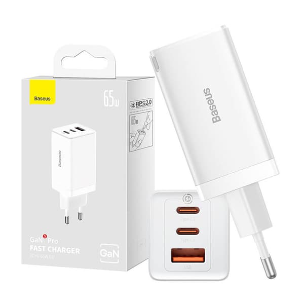 Vægoplader Baseus GaN5 Pro 2xUSB-C + USB, 65W (hvid)