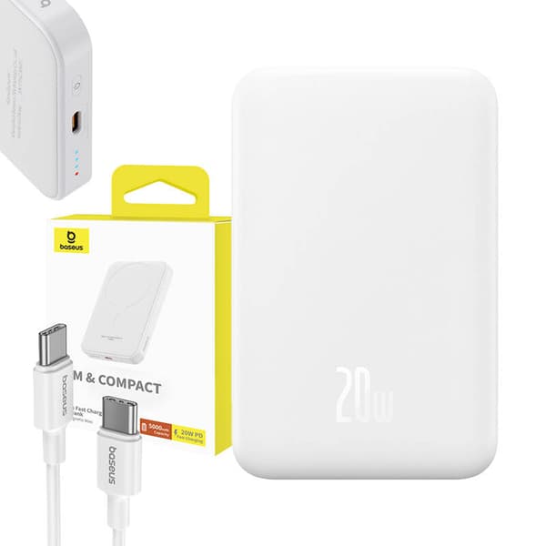 Magnetisk Mini Powerbank Baseus 5000mAh, USB-C 20W (hvit)