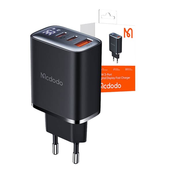 Mcdodo CH-2180 2xUSB-C + USB-A, 30W netoplader med display (sort)