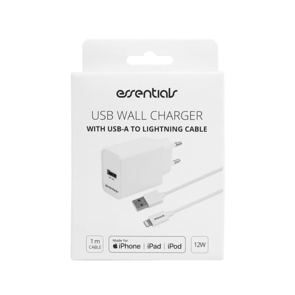 Wall Charger 12W, USB-A Light. MFI, Cable 1m, white
