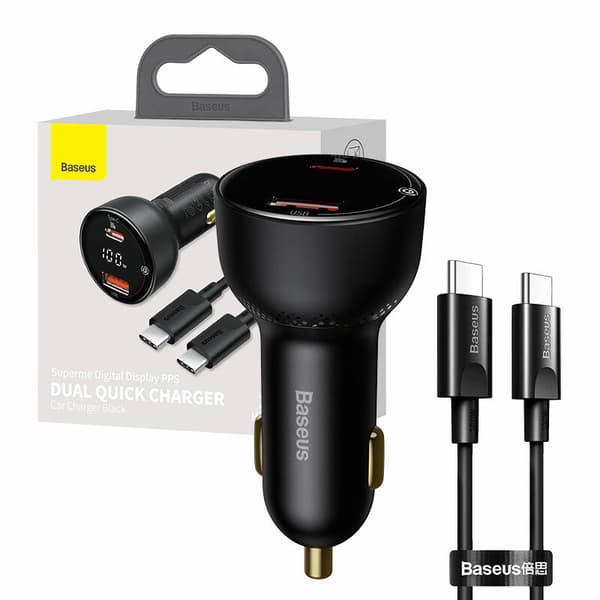 Biloplader Baseus Superme, USB, USB-C, 100W + USB-C kabel (sort)