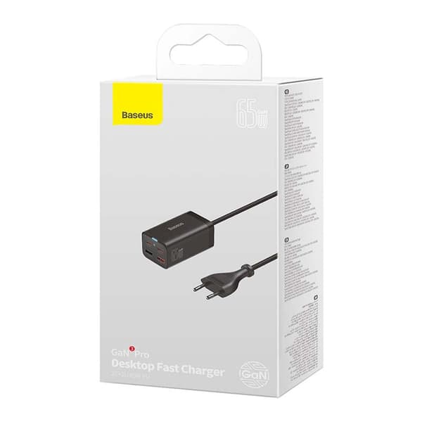 Hurtigoplader Baseus GaN3 Pro, 2x USB-C, 2x USB, 65W (sort)