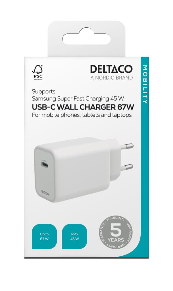 USB-C GaN wall charger 67 W, GaN, 1x USB-C, PPS, white