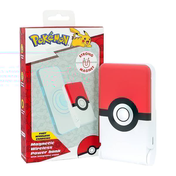 Magnetisk powerbank OTL 5000 mAh, USB-C 15W, Pokemon Pokeball med stativ (rød-hvit)