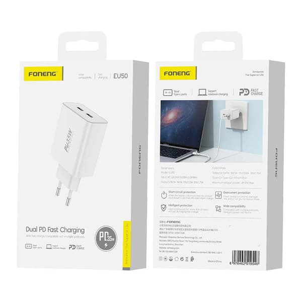 Vægoplader Foneng EU50 PD 35W 2x USB-C-porte (hvid)