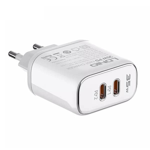 Vægoplader LDNIO A2528M 2USB-C til Apple + USB-C - Lightning-kabel
