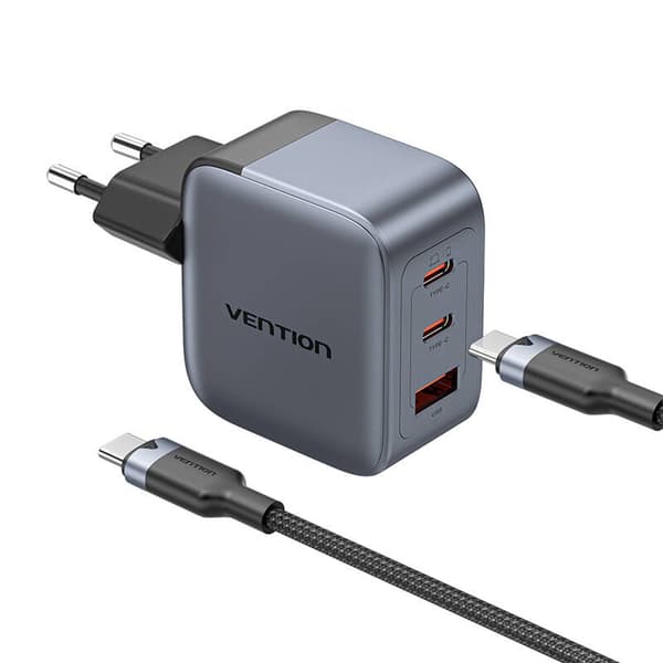 GaN Vention USB-C+C+A 70W oplader + USB-CC-kabel 1m (grå)