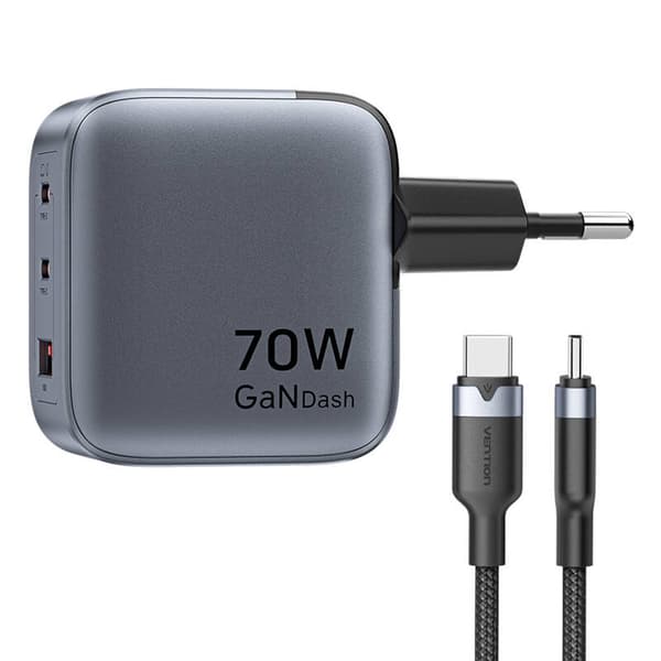 GaN Vention USB-C+C+A 70W oplader + USB-CC-kabel 1m (grå)