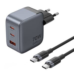 GaN Vention USB-C+C+A 70W oplader + USB-CC-kabel 1m (grå)