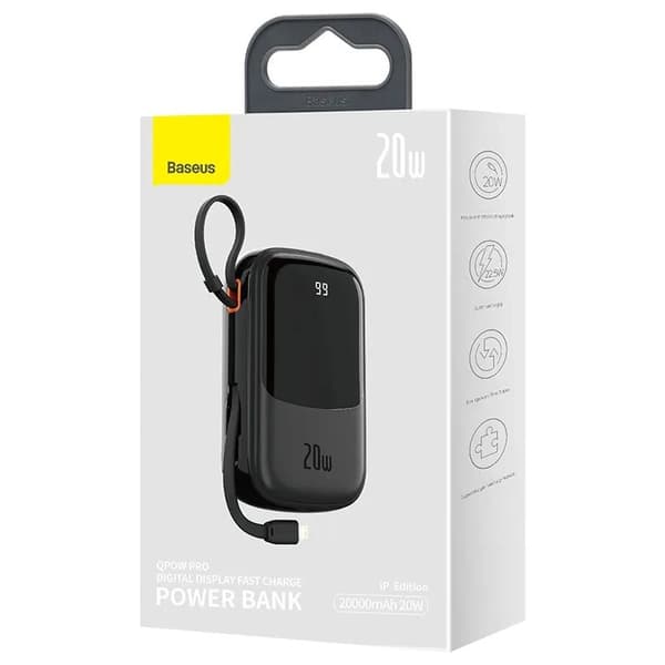 Powerbank Baseus Qpow PRO med Lightning-kabel, USB-C-port og USB 20000mAh, 20W (svart)