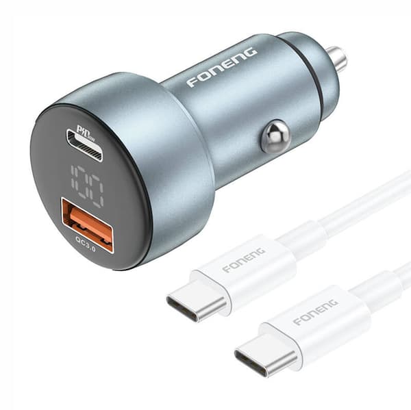 Foneng C18 1xUSB-A, 1xUSB-C 2.4A 48W billaddare (grå) + USB-C till USB-C-kabel