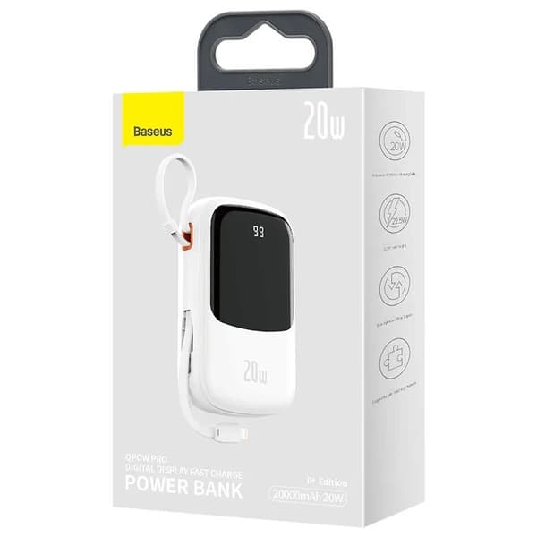 Powerbank Baseus Qpow PRO med Lightning-kabel, USB-C-port og USB 20000mAh, 20W (hvit)