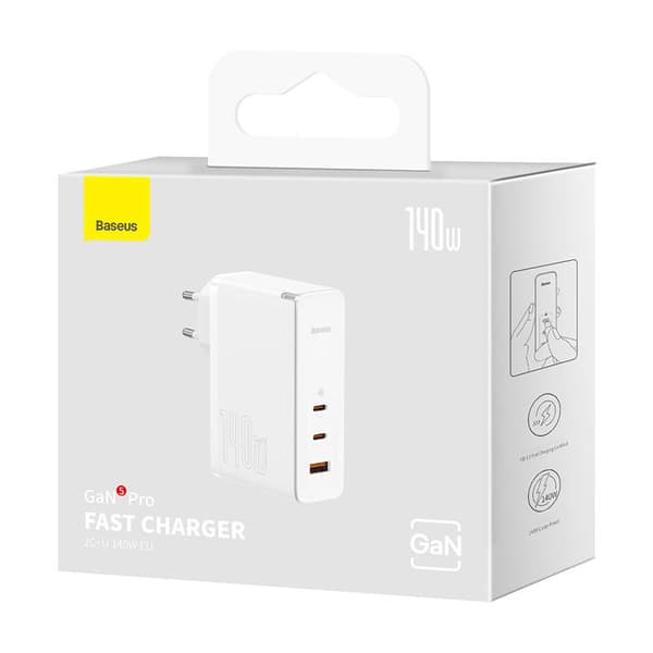 Väggladdare Baseus GaN5 Pro 2xUSB-C + USB, 140W (vit)