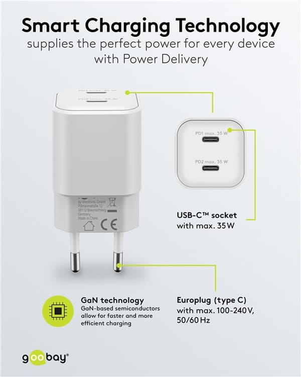 USB-C™ PD GaN dobbelt hurtigoplader Nano (35 W) hvid