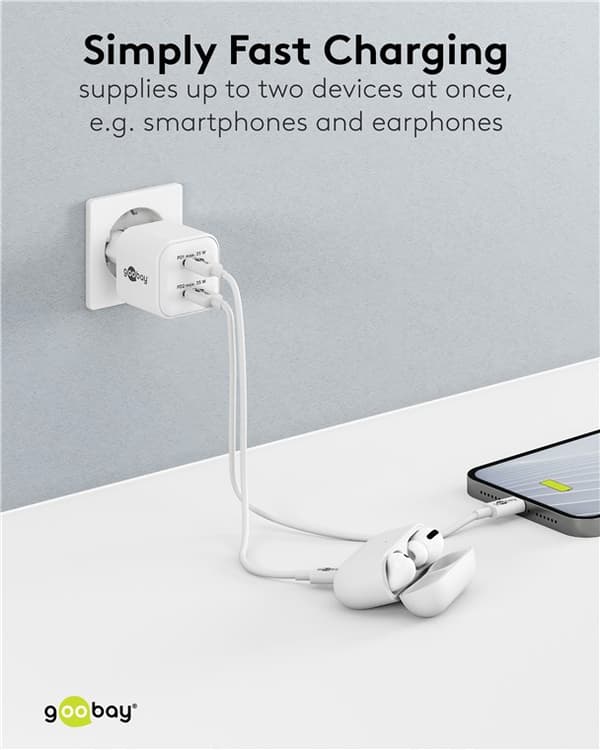 USB-C™ PD GaN dobbelt hurtigoplader Nano (35 W) hvid