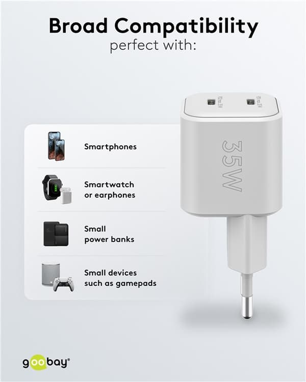 USB-C™ PD GaN dobbelt hurtigoplader Nano (35 W) hvid