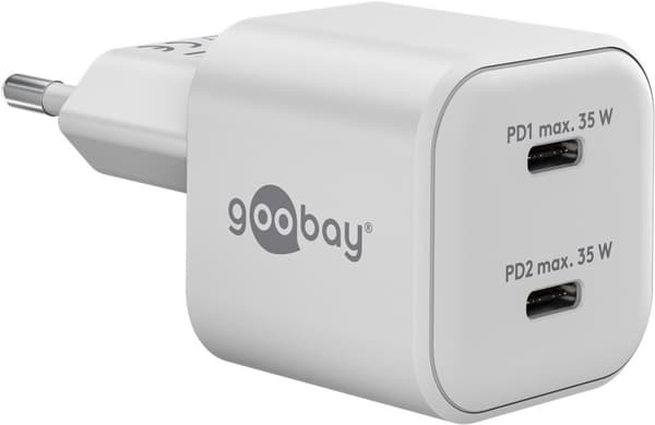 USB-C™ PD GaN dobbelt hurtigoplader Nano (35 W) hvid