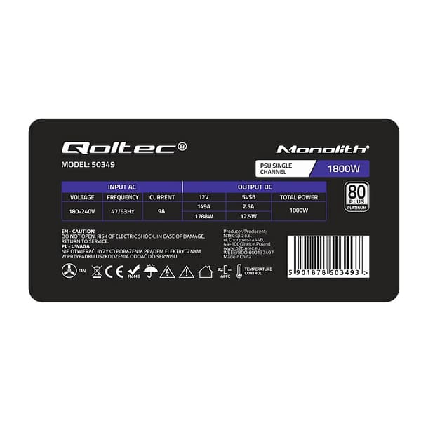 Qoltec 50349 PCI-E 1800W strømforsyning | 80 Plus Platinum | Spilminer