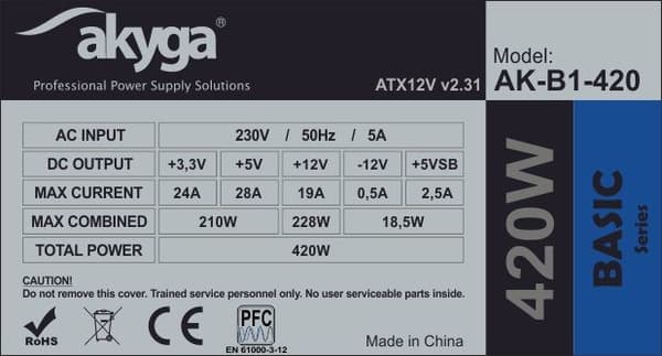 Akyga AK-B1-420 virtalähdeyksikkö 420 W 20+4-pin ATX ATX harmaa