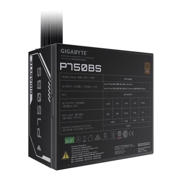 GIGABYTE P750BS strømforsyning - PCI-E 6+2 pin x 4, 80 PLUS Bronze, 120 mm blæser, ATX-kompatibel, EU-stik