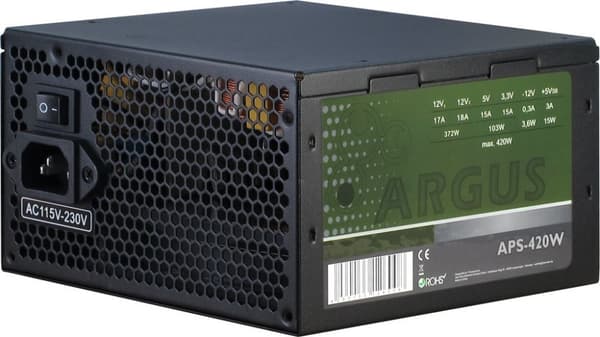 Virtalähde Inter-Tech Argus APS - 420 W - 115 - 230 V - 47 - 63 Hz - +12V1, +12V2, +3,3 V, +5 V, +5 Vsb, -12 V - Aktiivinen - 103 W musta