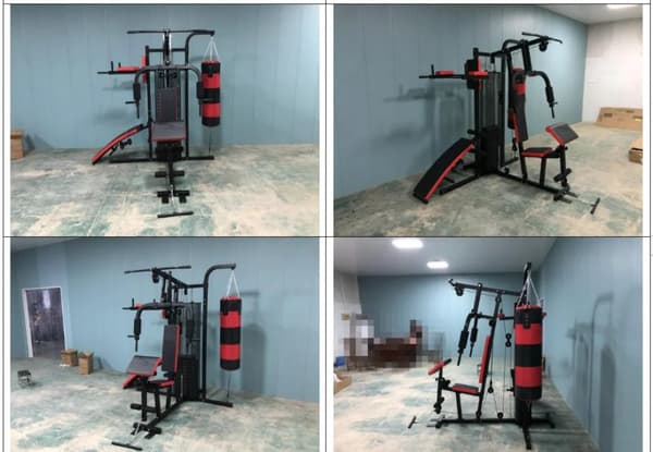 Styrketræningsstation - home gym - med 68 kg vægt - og boksesæk