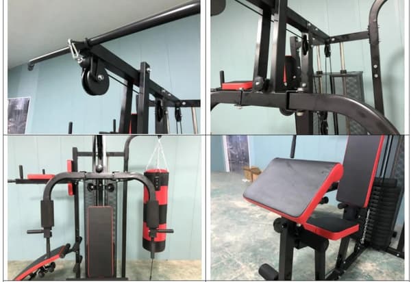 Styrketræningsstation - home gym - med 68 kg vægt - og boksesæk