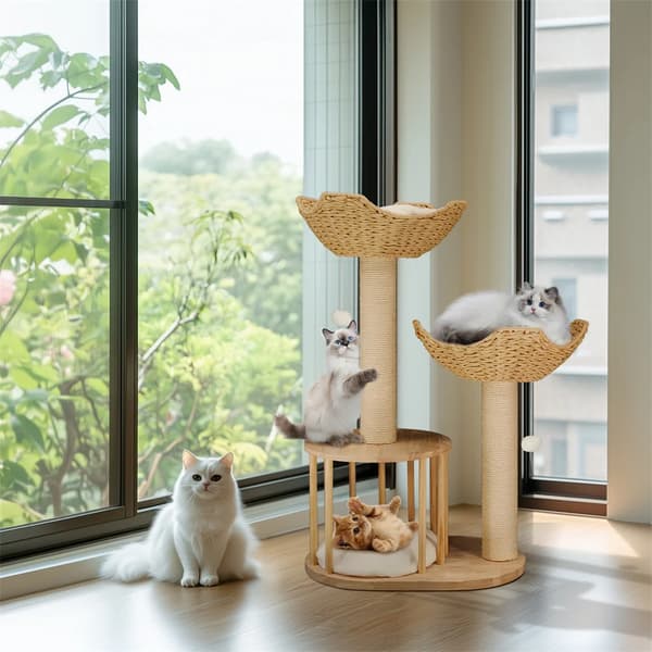 Kattträd, Tre-nivå Aktivitetscenter, Plysch Nappplatser,VIT