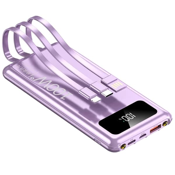 Bærbar Power Bank, 10000mAh kapacitet, indbyggede kabler,lilla, 10000mAh
