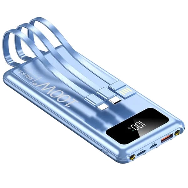 Bærbar Power Bank, 10000mAh kapacitet, indbyggede kabler,Blå, 10000mAh